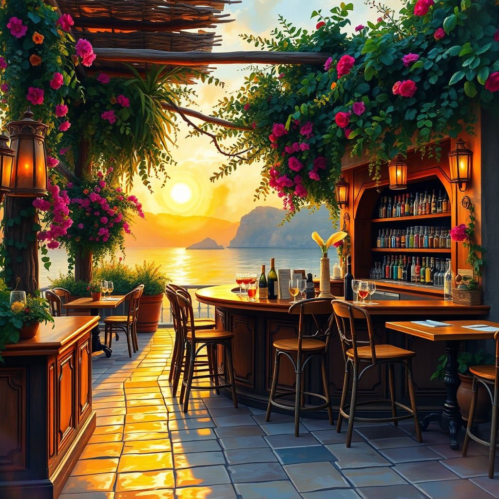 Empty Taverna in Greece at Sunset, in Impressionist Style
