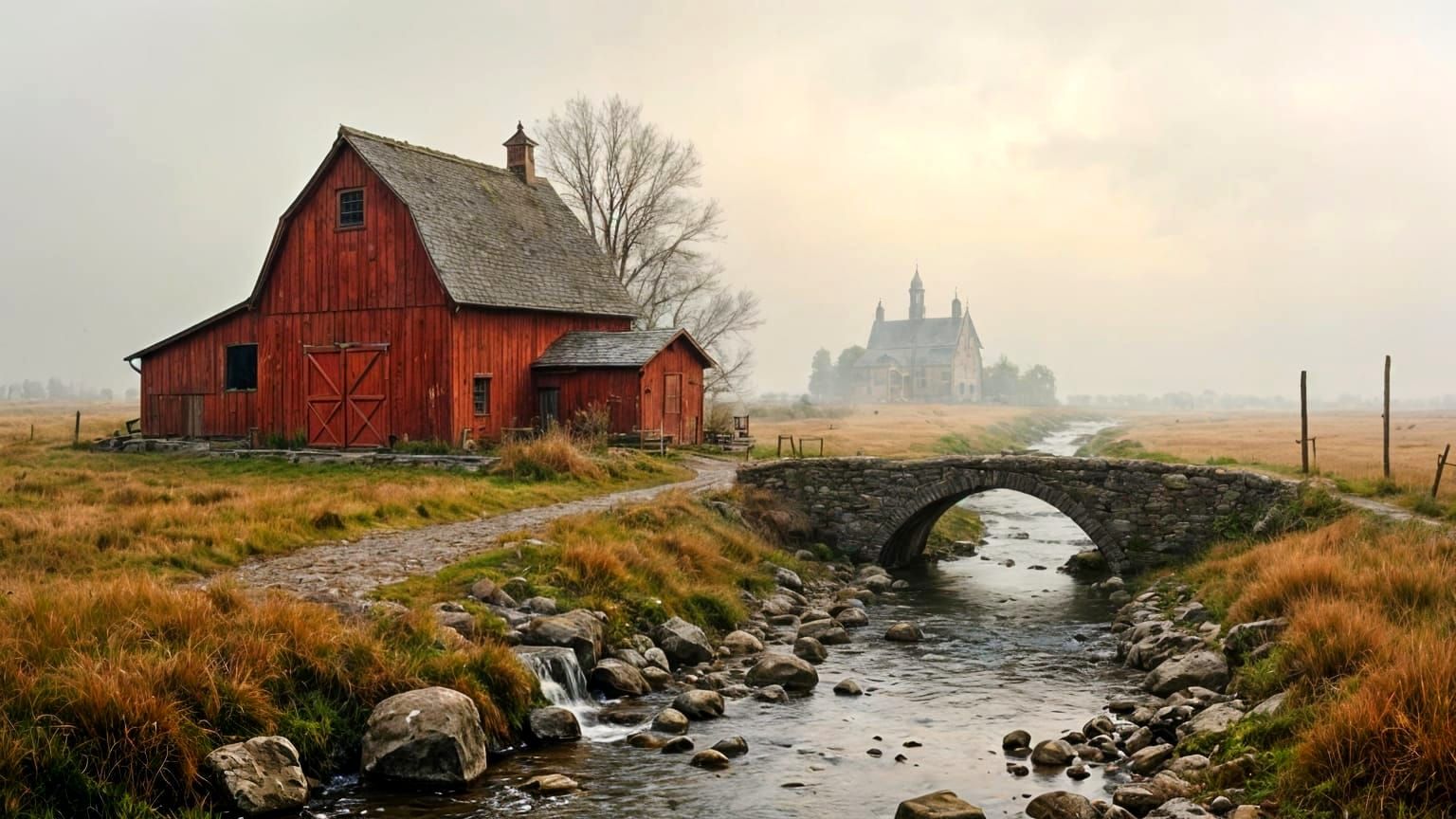 Vintage Red Barn in Misty Field