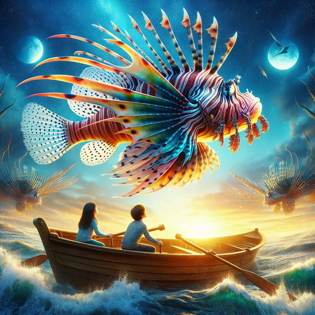 Majestic Lionfish Soars Above Turbulent Sea, 2 Children in R...