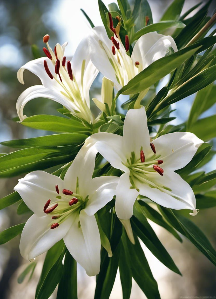 Lush Lily Field Under Cedar, Digital Art