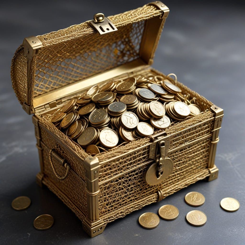 Golden Wire Treasure Chest Filled with Metallic Coins