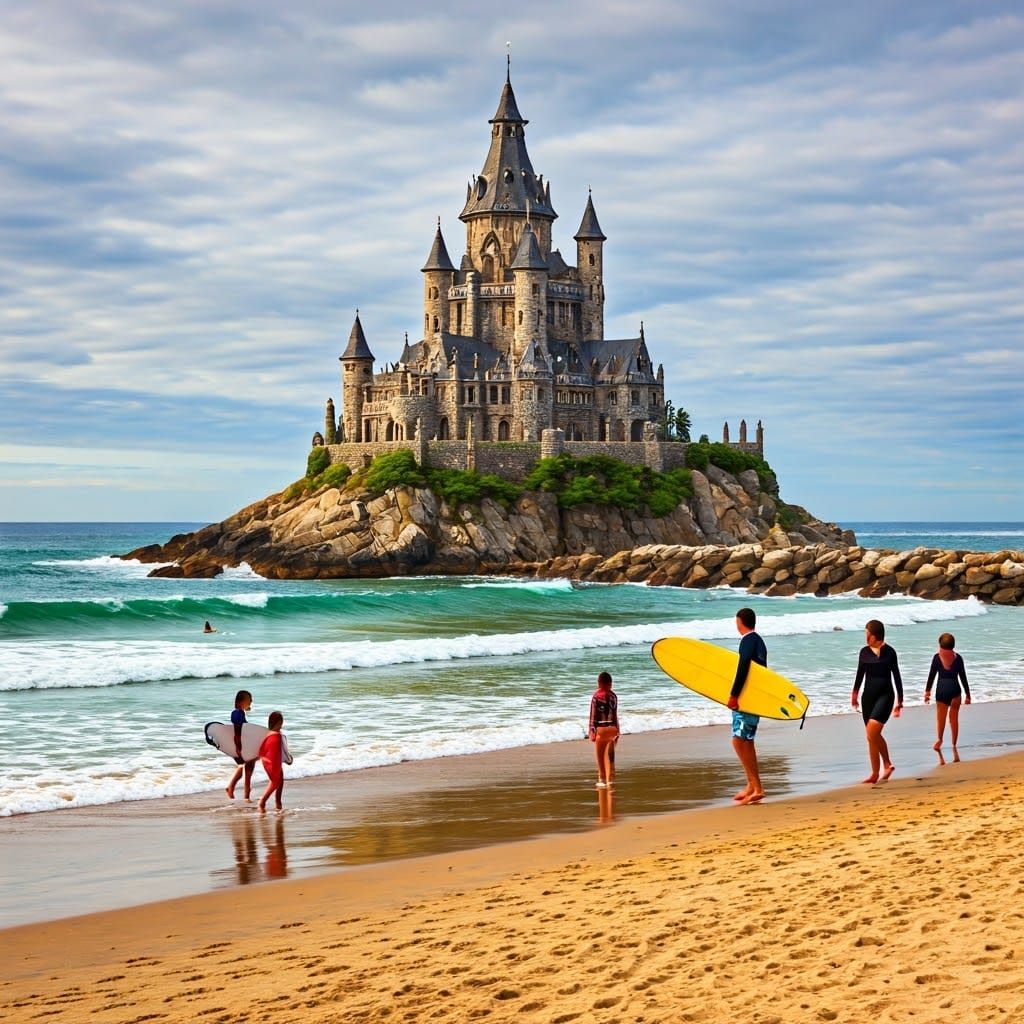 Lively Beach Scene with Medieval Castle, Impressionist Style