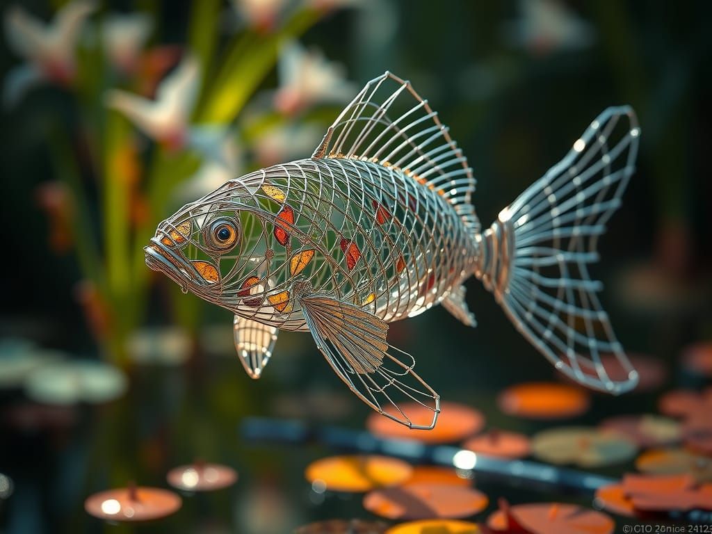 Intricate Wire Koi Fish Sculpture