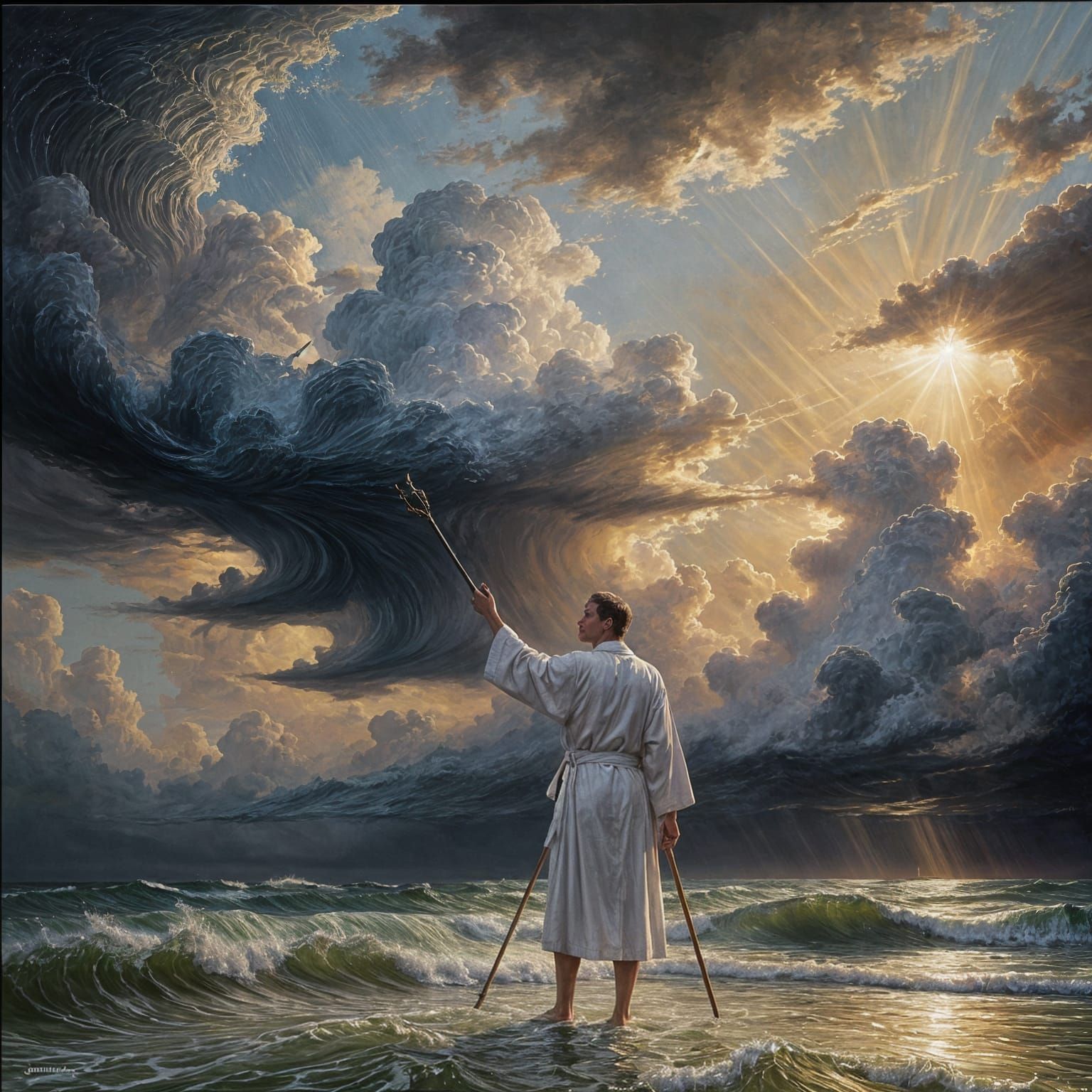 Man Stands on Water in Stormy Oil Painting