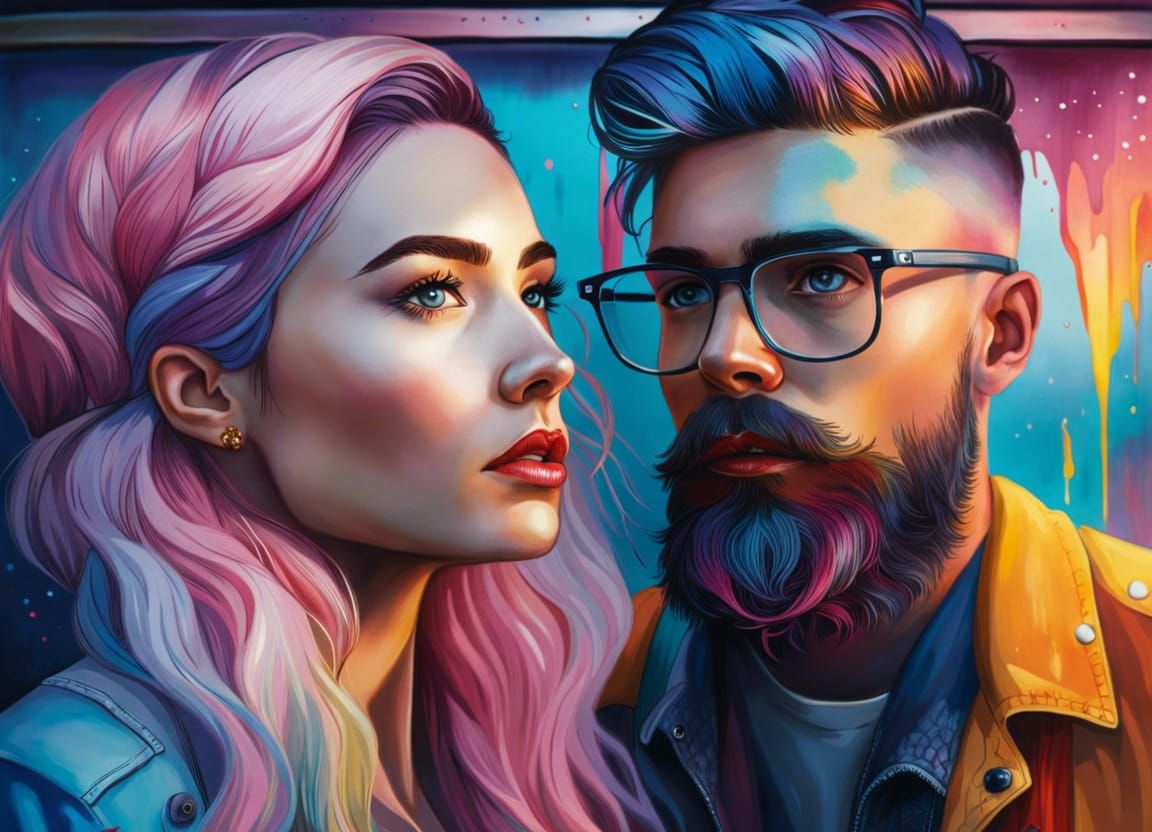 Hyperrealistic Hipster Couple Portrait in Watercolor Style