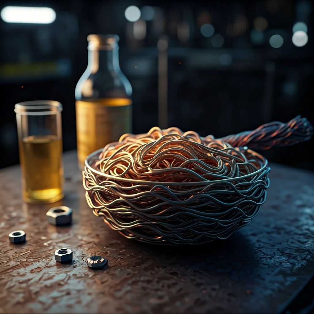 A bowl of wires noodles on a metal table in machinery room.