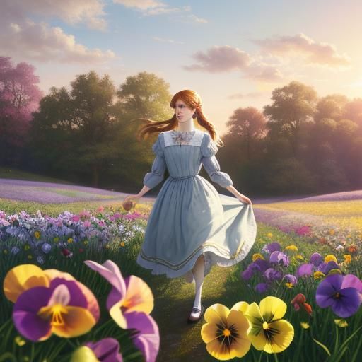 Girls in Pansies Field: Romantic Oil Painting