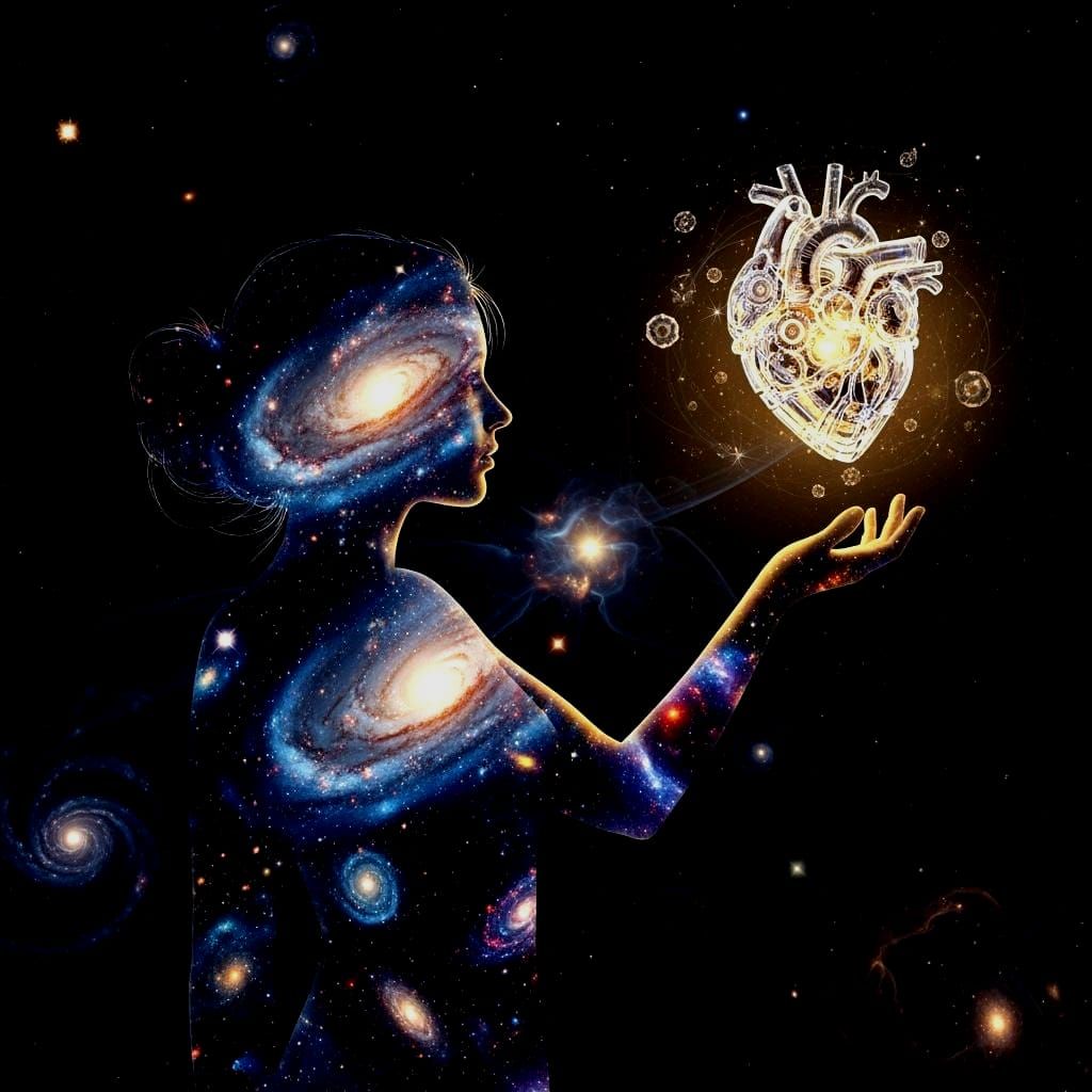 Cosmic Woman Silhouette Reaches for Crystal Heart