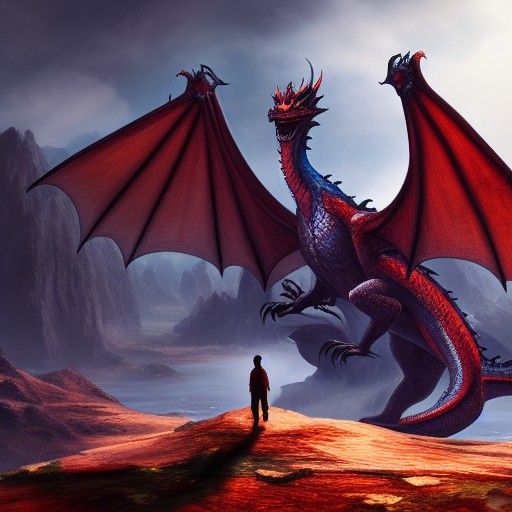 Person and Dragon in Detailed Fantasy Painting