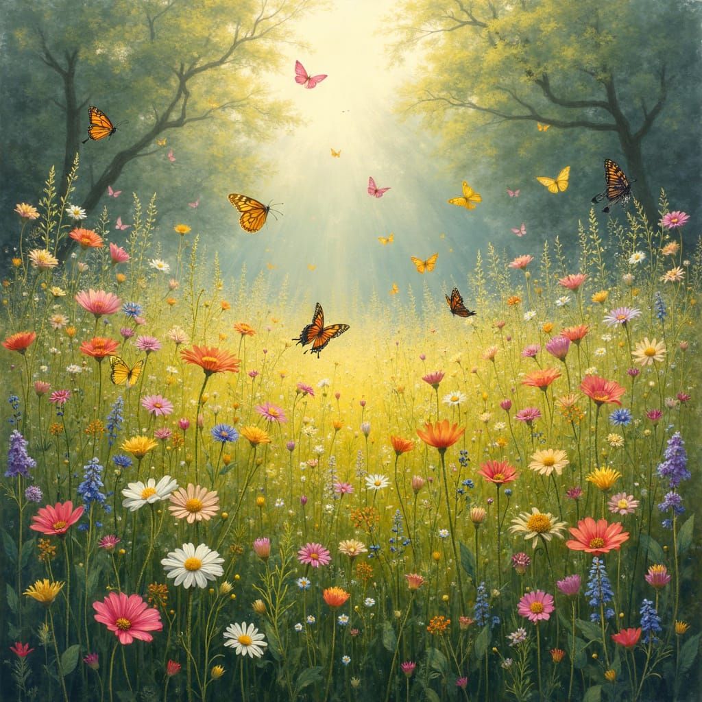 Lush Meadow with Wildflowers and Butterflies in Impressionis...