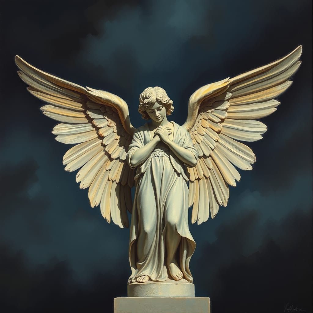 Guardian Angel Statue in Oils at Night