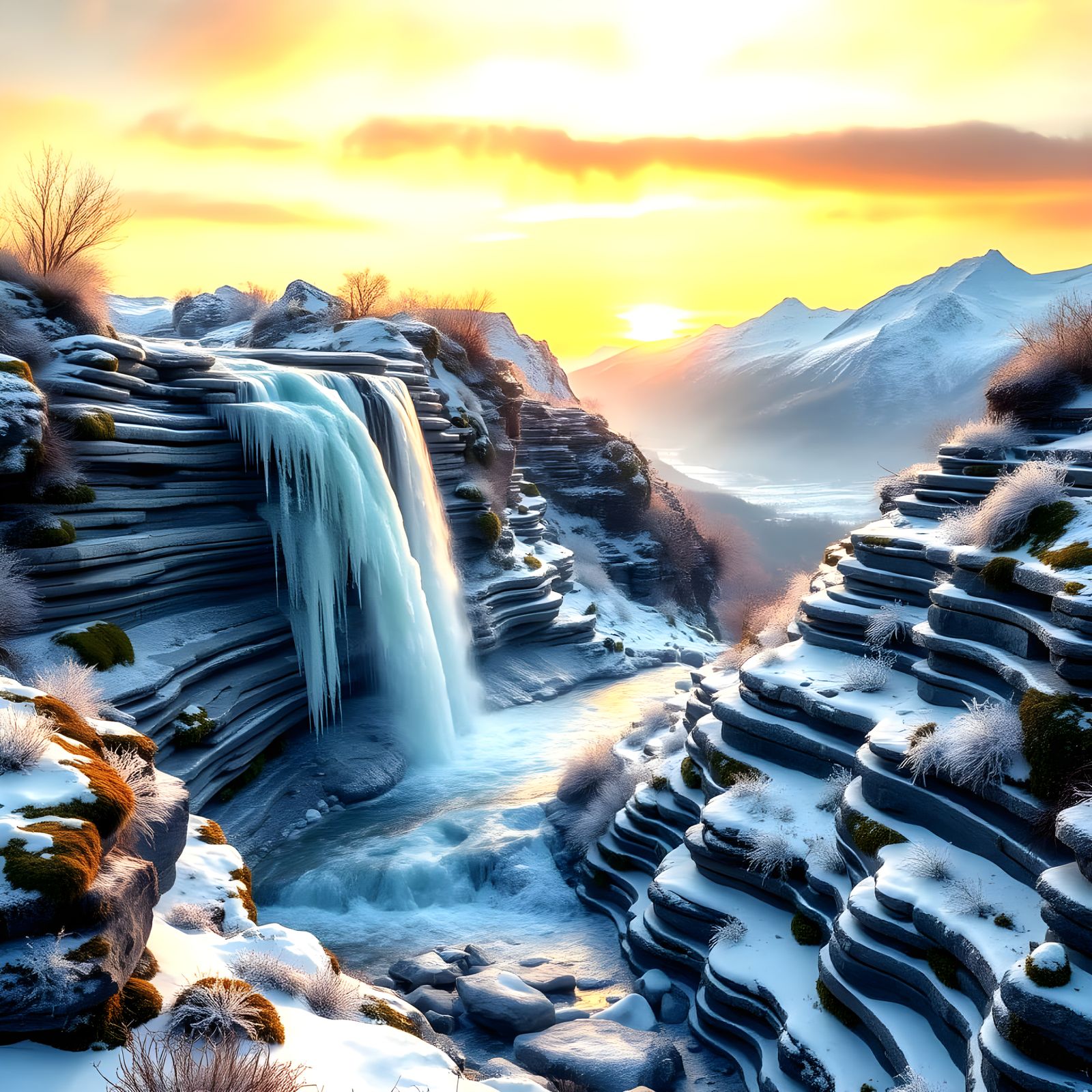 Serene Winter Wonderland with Frozen Waterfalls