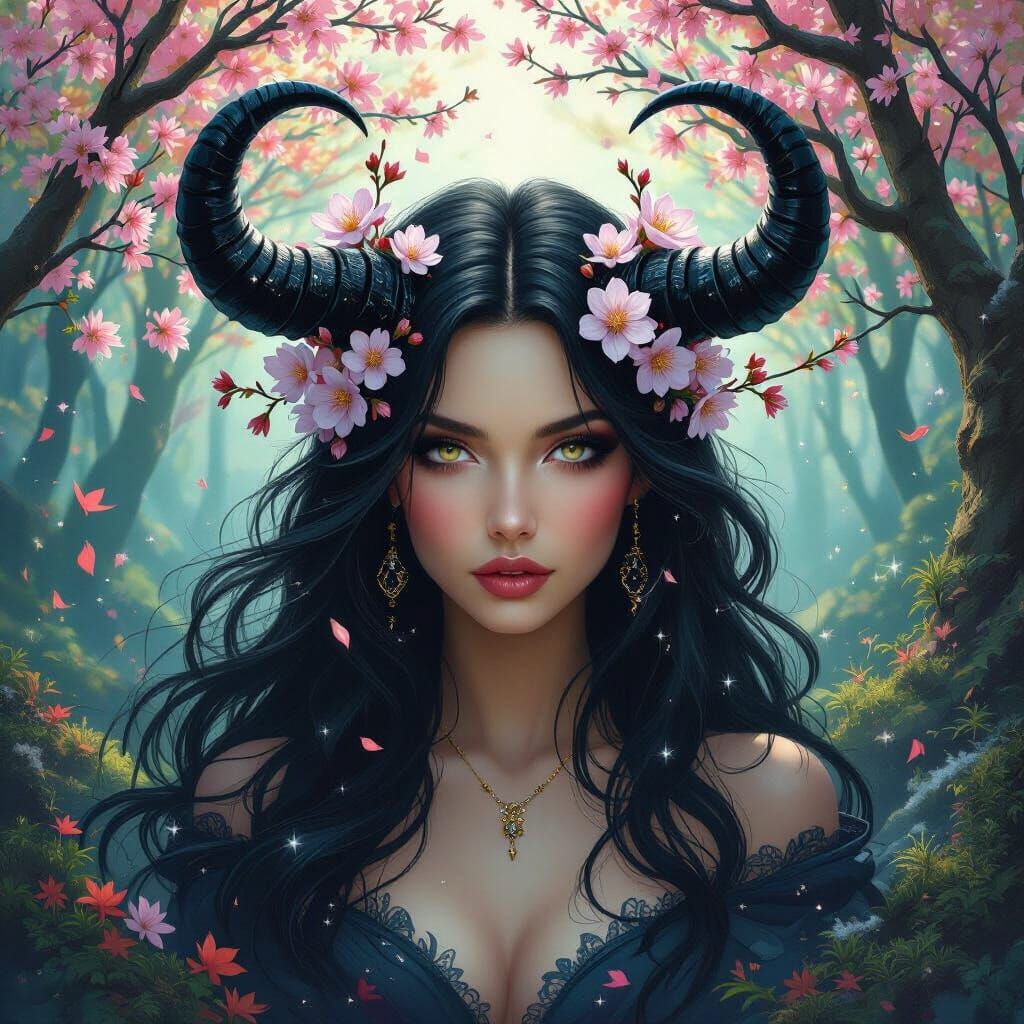 Mystical Woman with Obsidian Horns and Four Seasons Forest