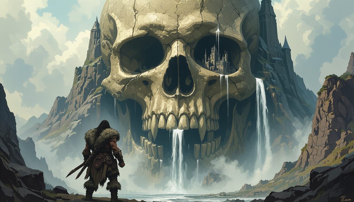 Barbarian Confronts Skull Mountain in Dark Fantasy Style