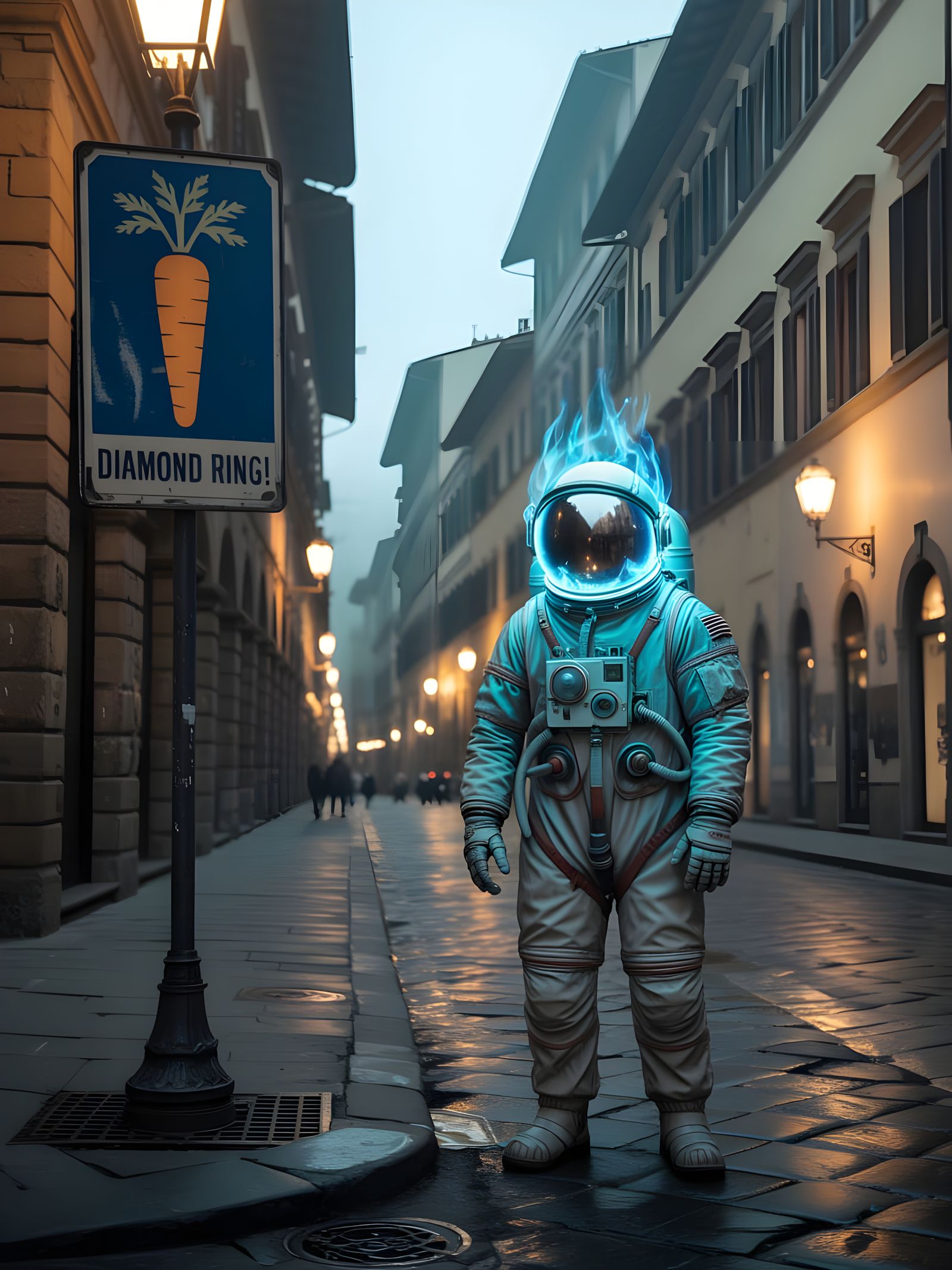 Ethereal Astronaut in Florence with Carrot Sign