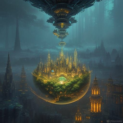 Ethereal Micro Cityscape in a Teacup, Bioluminescent Fantasy...