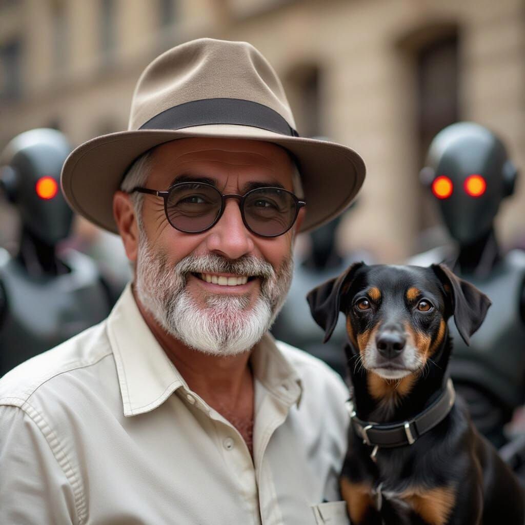 Dystopian Sepia Scene: Man, Dog, and Robots