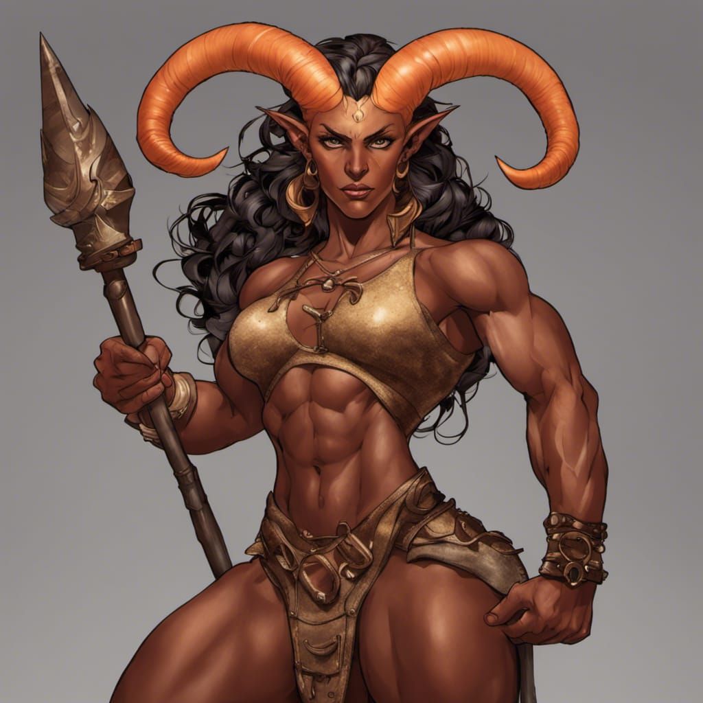Tiefling Gladiatrix in Hellish Landscape: Dark Fantasy Art
