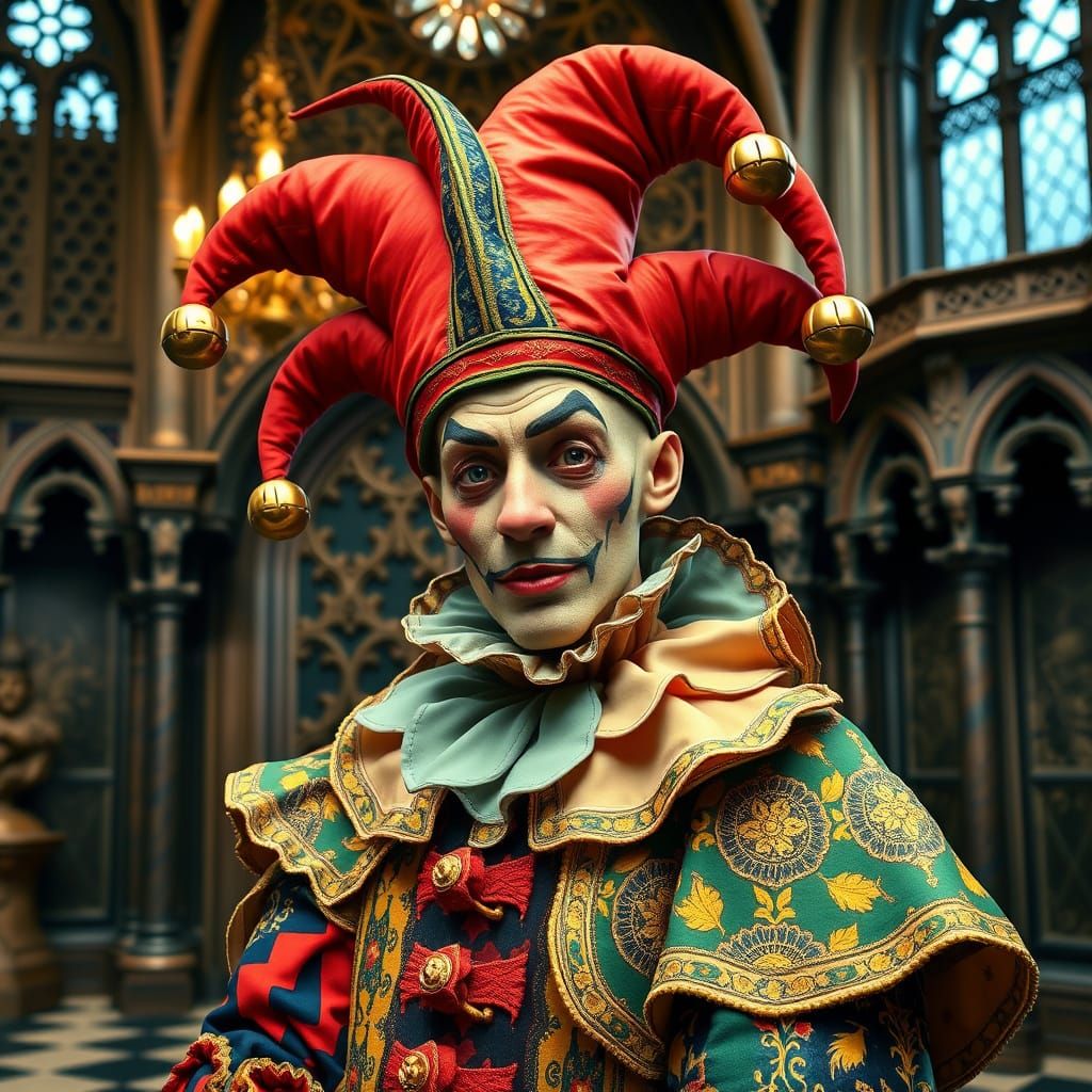 Medieval Court Jester in Opulent Gothic Palace