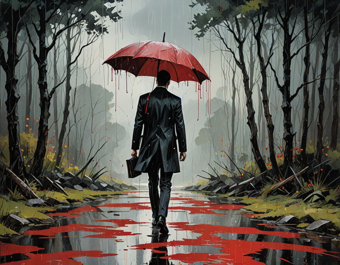 Man Steps into the Rainy Liminal Space