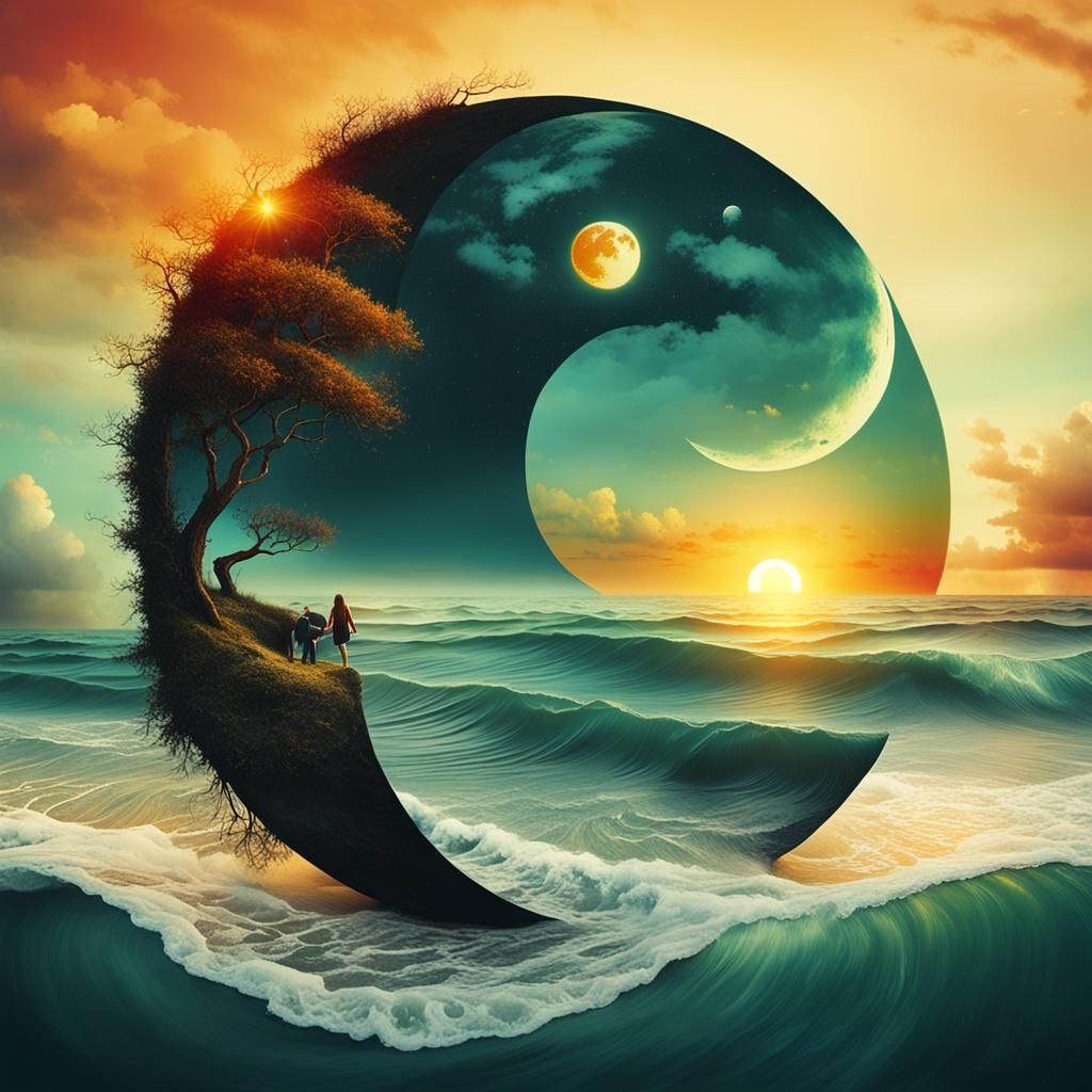 Surreal Yin Yang Sun Moon Beach Sunset