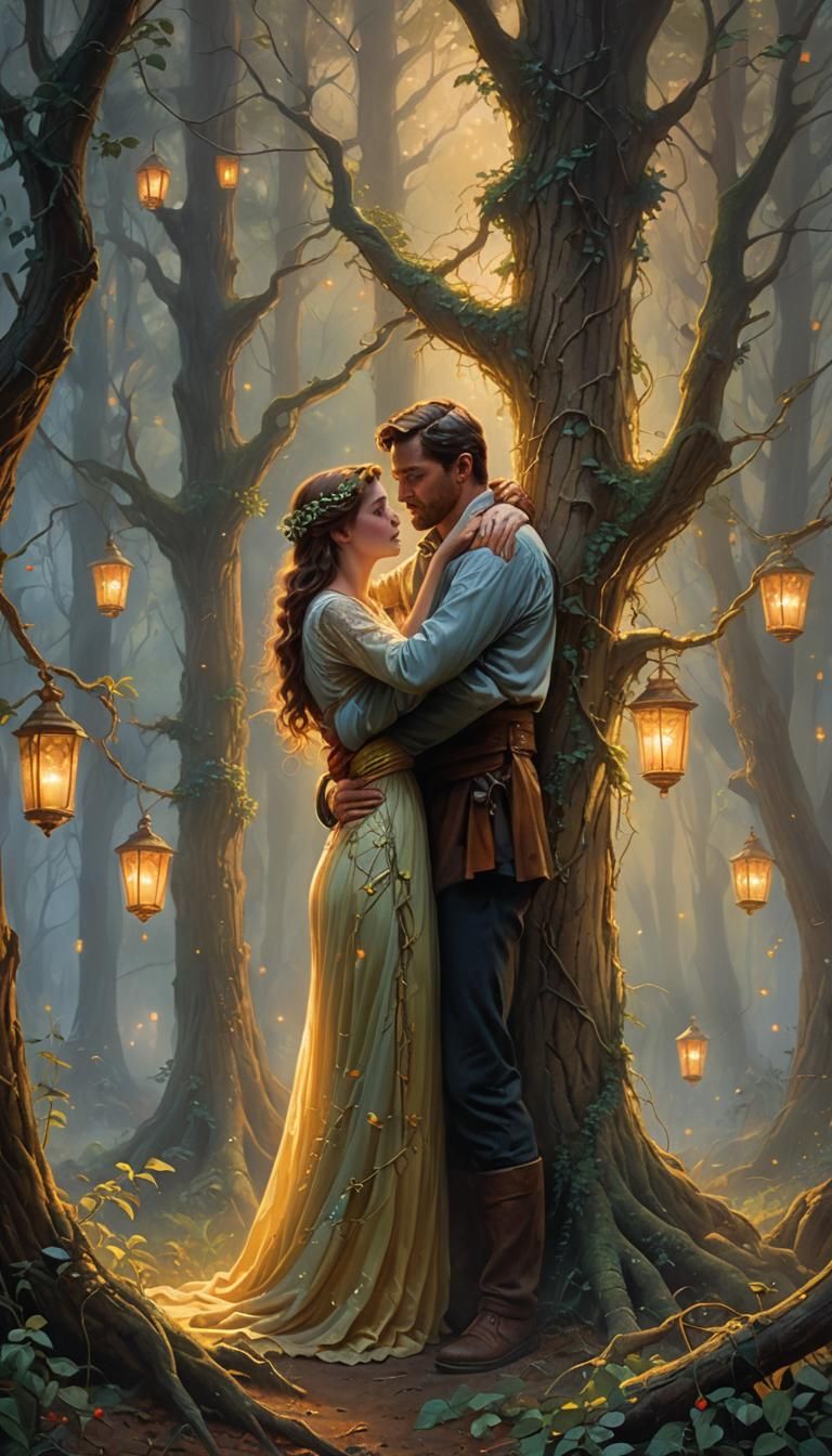 Romantic Couple in Misty Forest, Ethereal Oil Painting