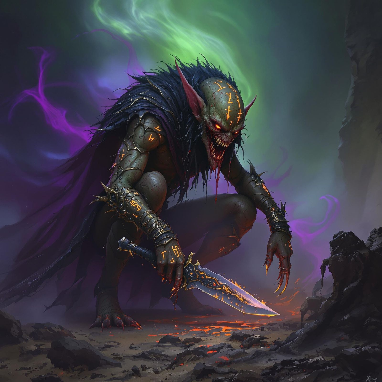 Demonic Goblin in Eerie Mist: Dark Fantasy Art