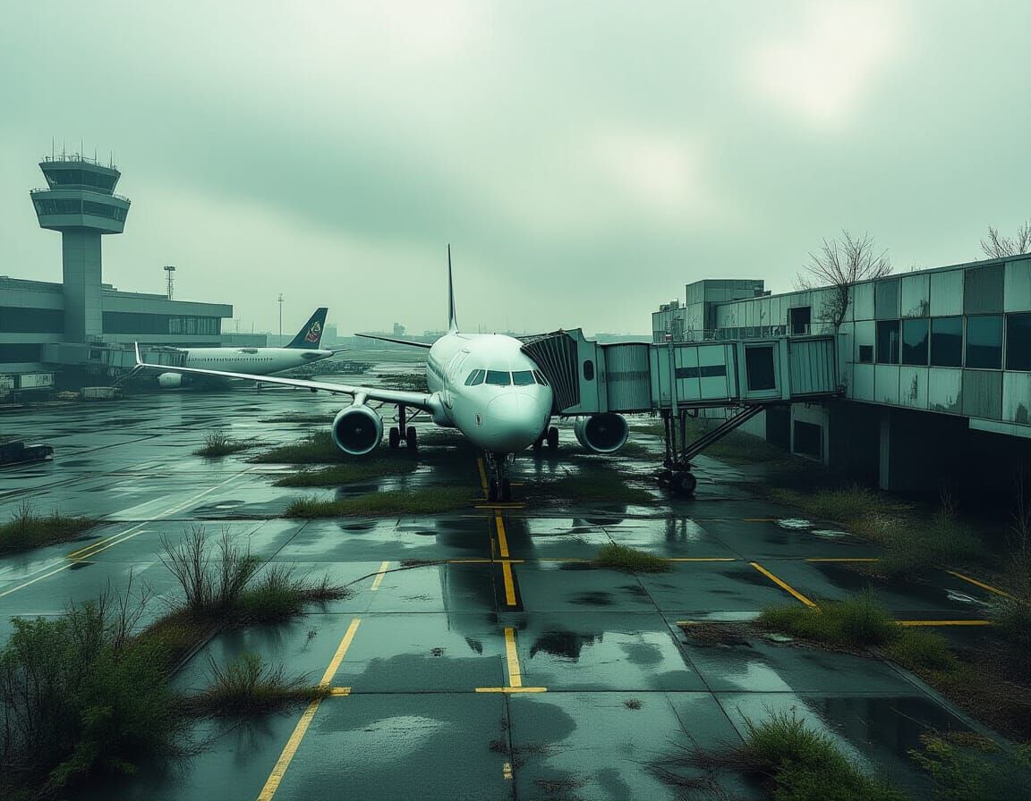 Apocalyptic Airport Overrun by Nature in Silver and Green