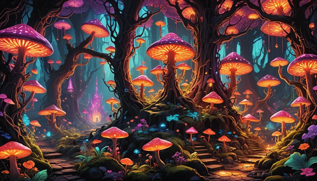 Neon Fairy Forest with Lava Mushroom and Gothic Lantern