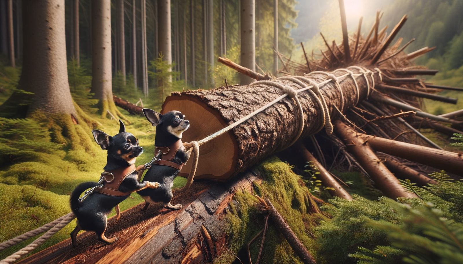 Chihuahuas Teamwork: Pulling Fallen Tree from Woods