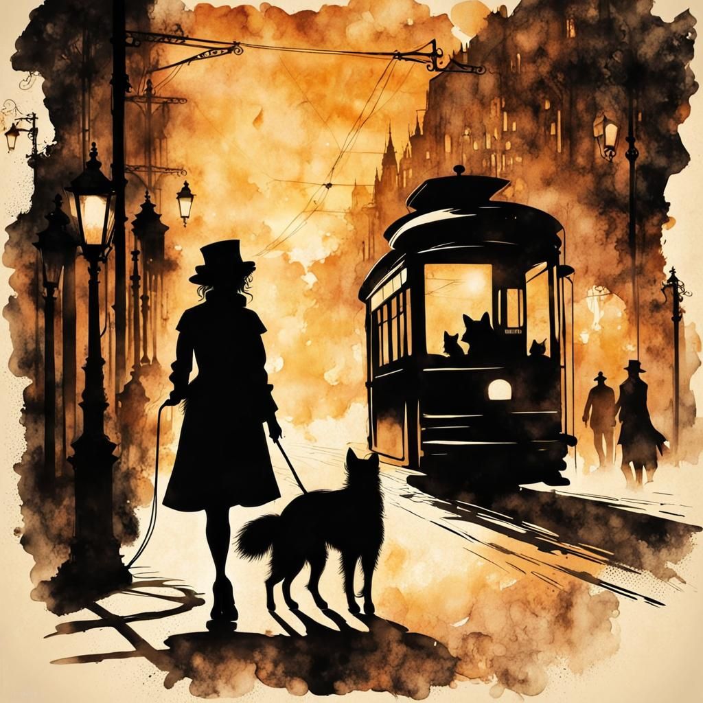 Woman and Dog in Steampunk Ink Painting