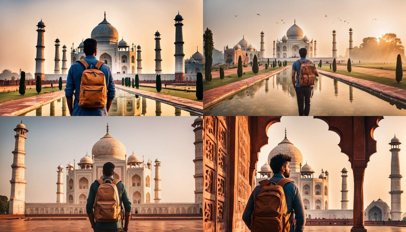 Traveler at Taj Mahal at Sunrise: Ultra-Realistic DSLR Photo