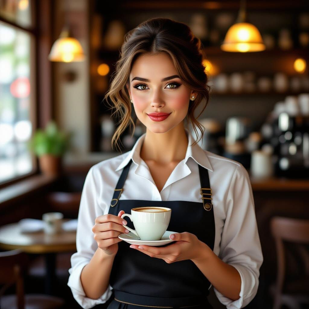 Fashionable Waitress Serving Coffee in Realistic Cafe Portra...