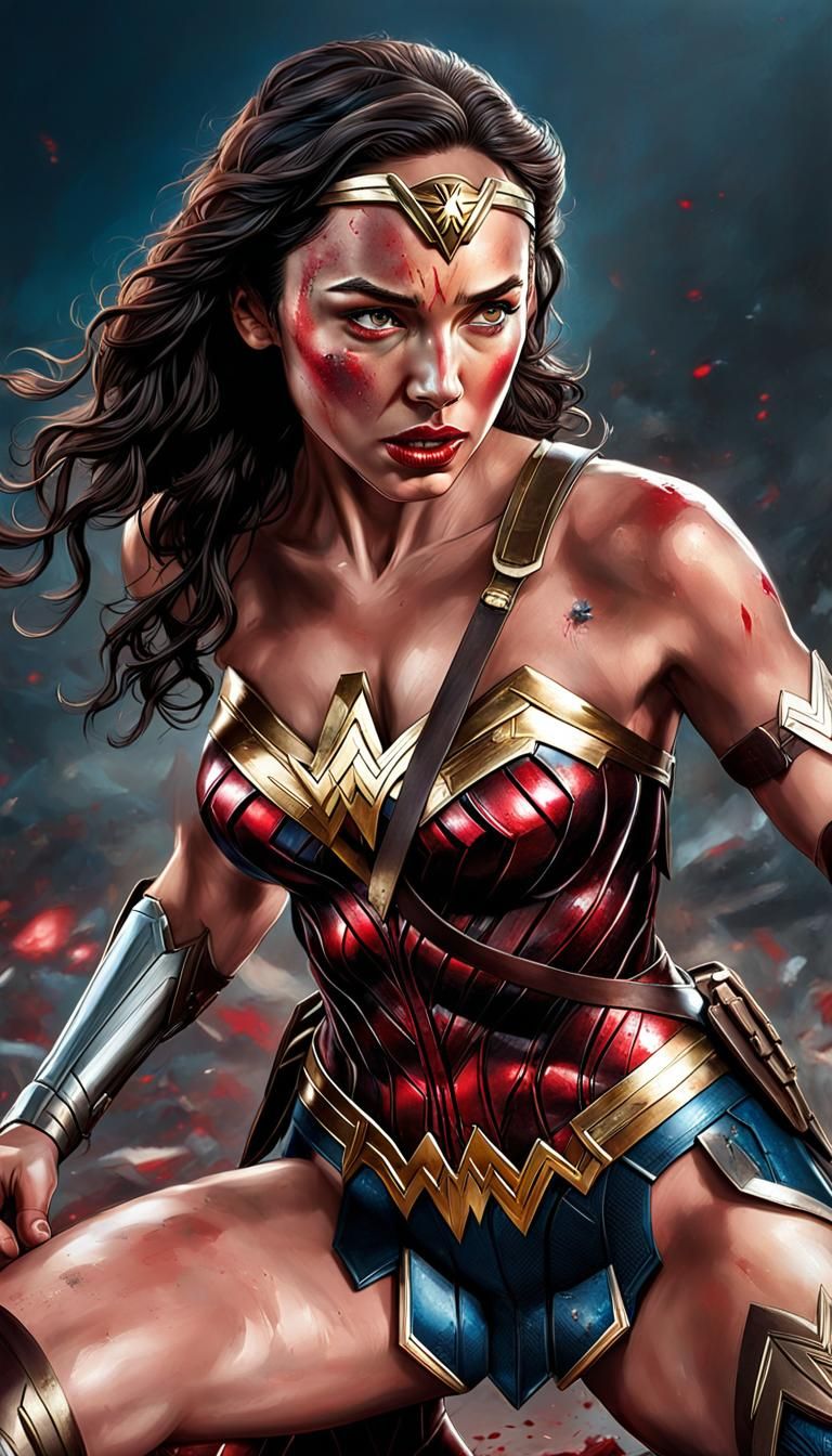 Wonder Woman Kneeling Defeated: Hyperrealistic Splash Art