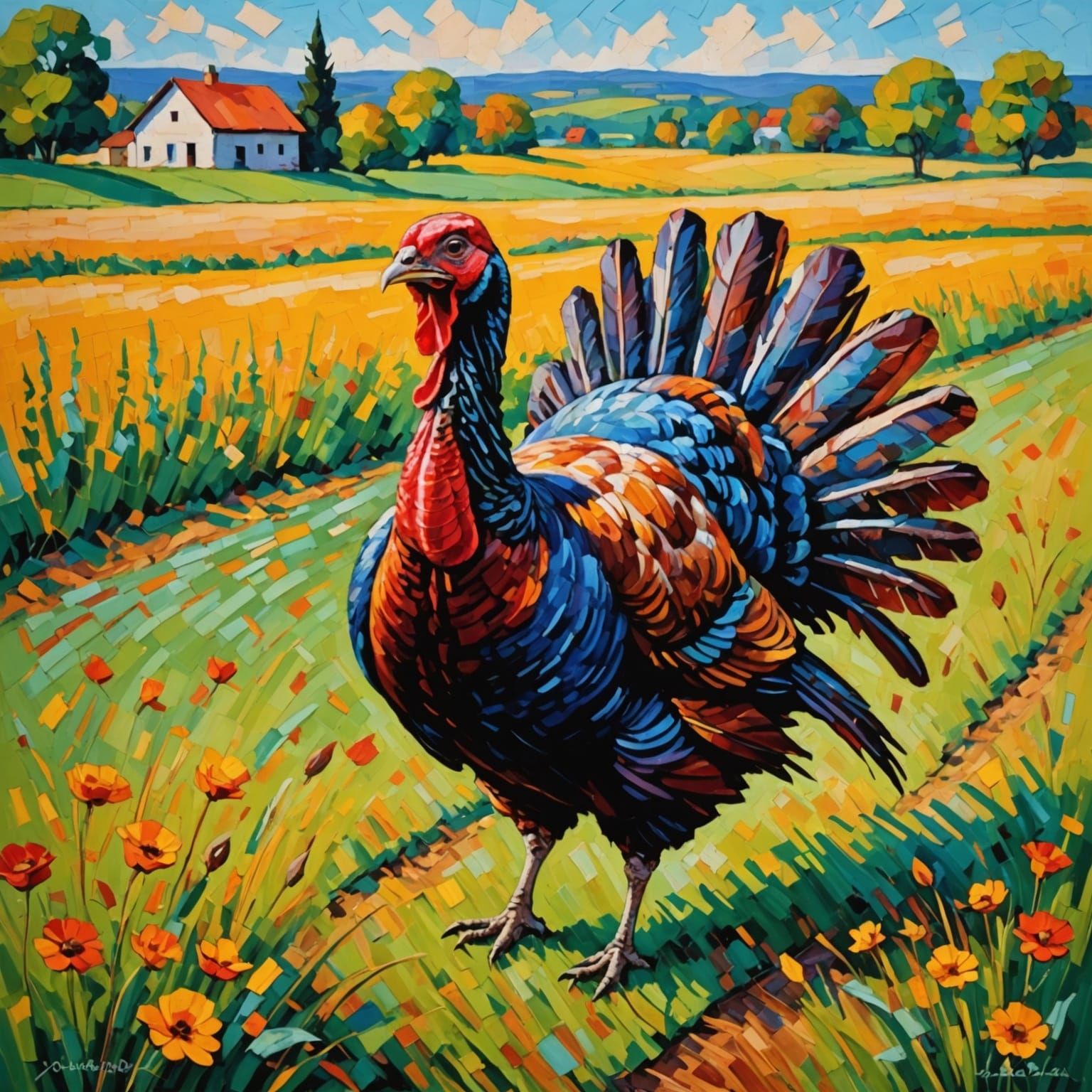 Turkey Running in Field: Neo-Impressionist Oil Painting