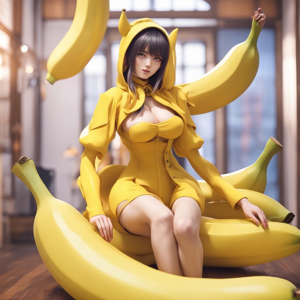 Anime Girl in Banana Costume: 3D Maximalist View