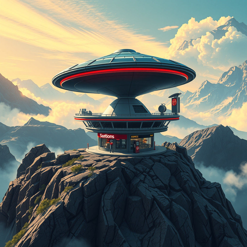 Futuristic UFO Gas Station in Anime Style