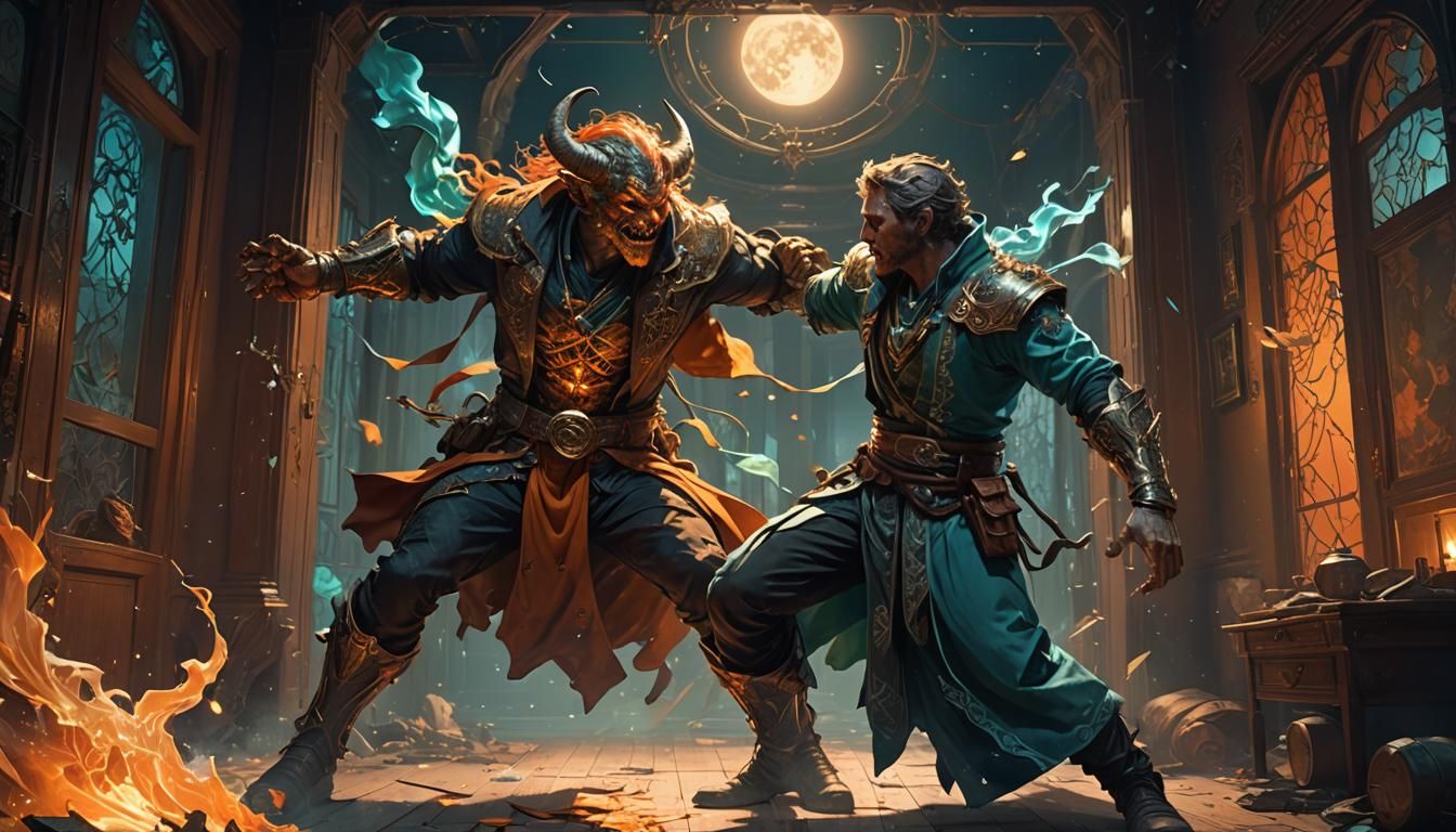 Man Battling Demonic Self in Moonlit House