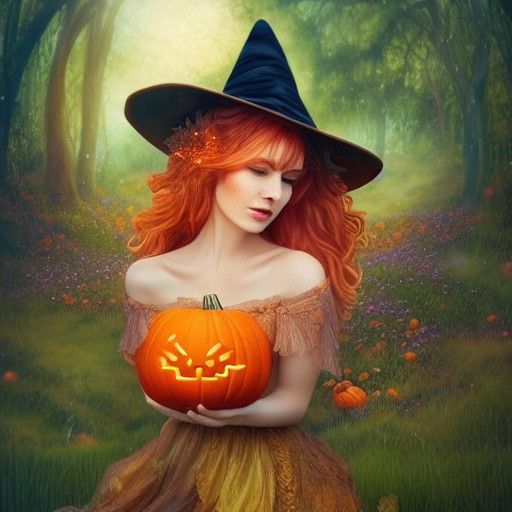 Goddess in Pumpkin Patch with Cauldron