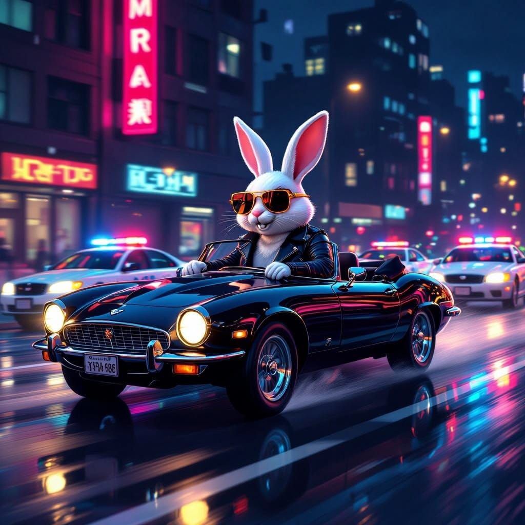 Easter Bunny Speeds Through City Night in Futuristic Noir Ja...