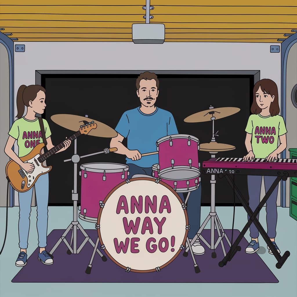 Family Band Jam Session in Garage, Stylized Illustration