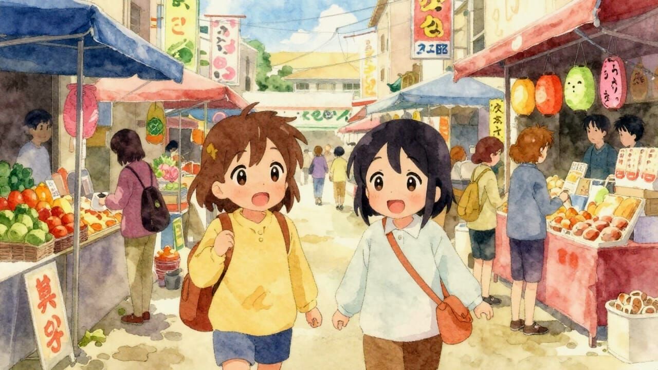 Cute Anime Friends Shopping in Japanese Market Watercolor