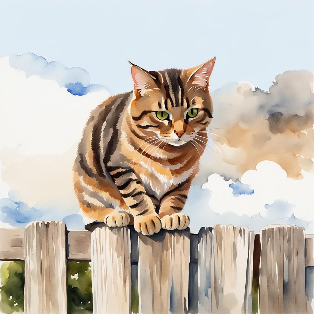 Tabby Cat on Fence Rail: Watercolor Painting