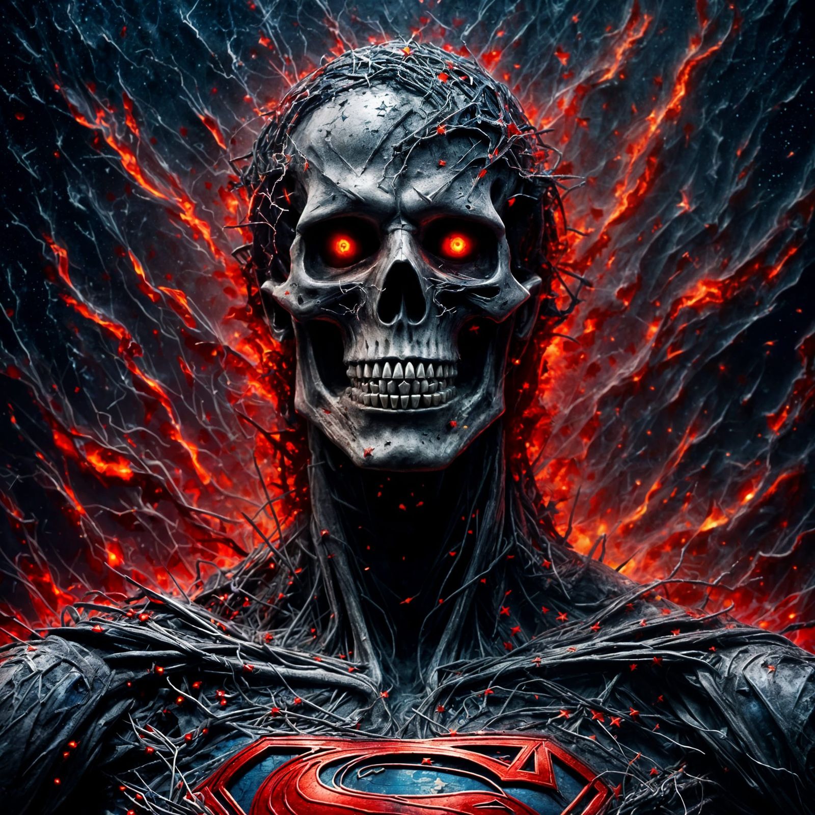 Skeleton Superman in Starry Night, Oil Paint Style