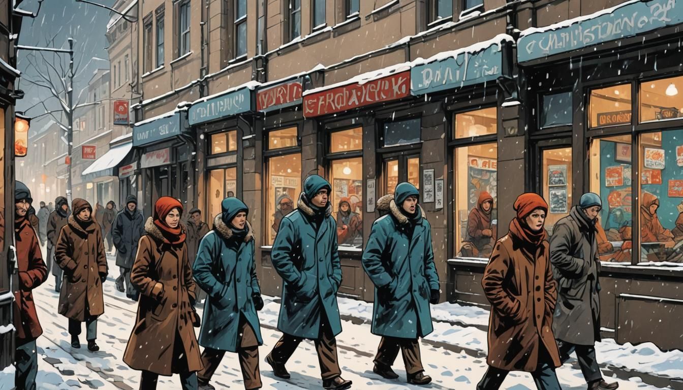 1970s Poland Street Scene in Comic Book Style