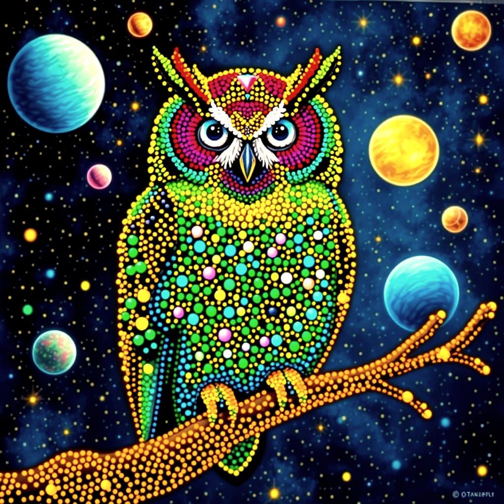 Crystal Owl in Pointillism Style on Cosmic Branch
