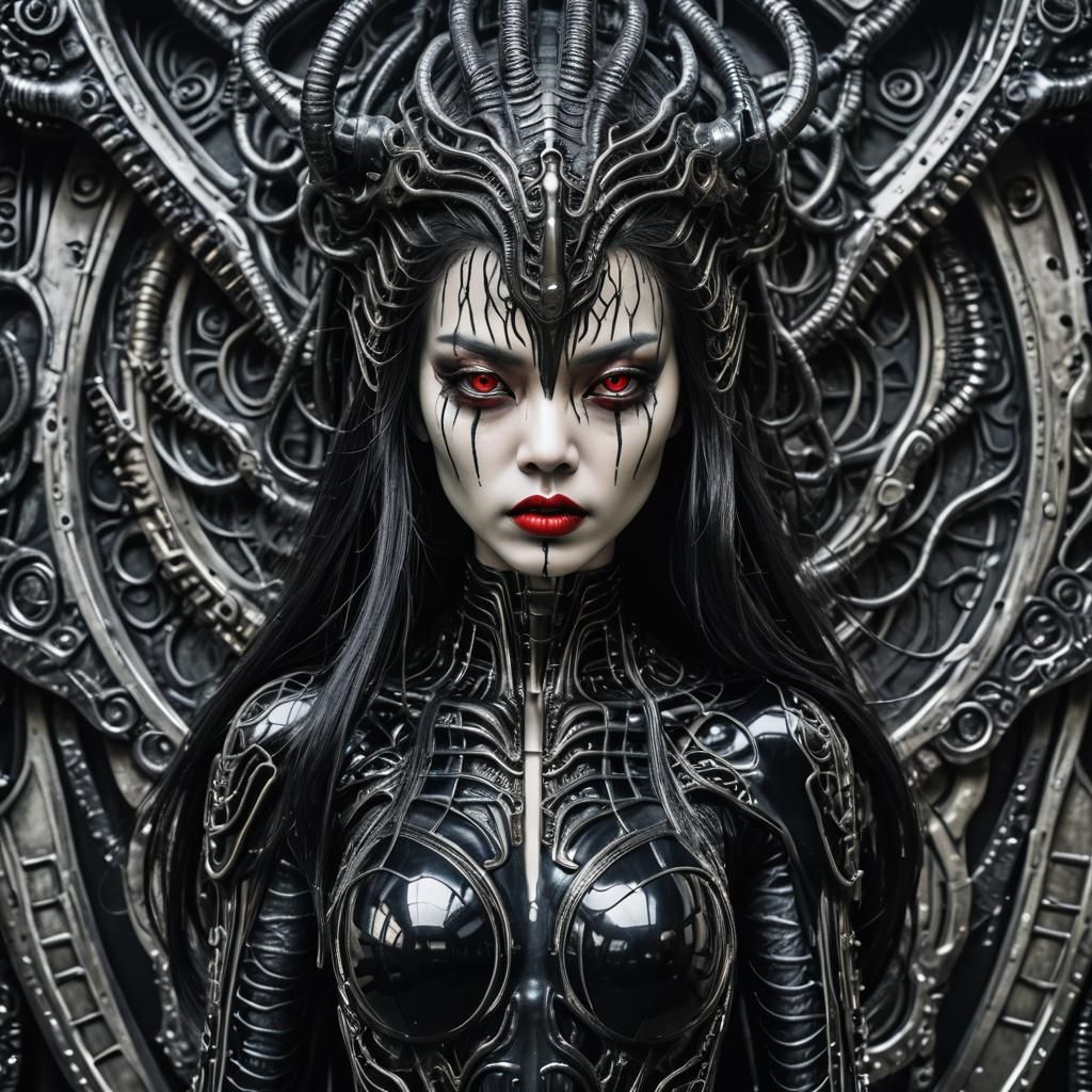 Giger-Inspired Goddess with Yakuza Tattoo in Cyberpunk Style