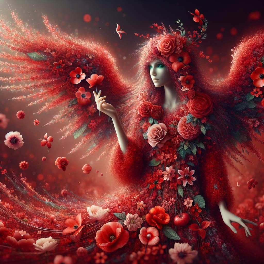 Red Flower Angel with Rose Wings