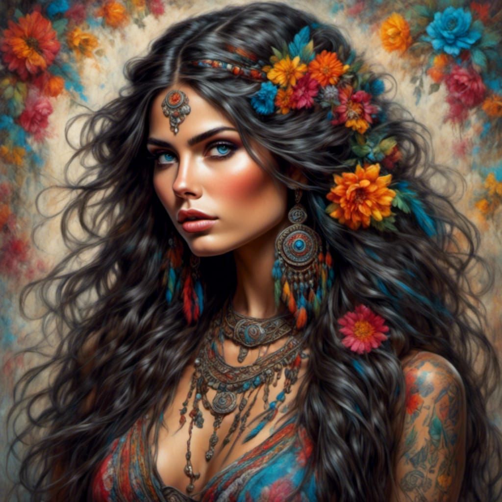Beautiful Tattooed Woman in Neo-Traditional Style