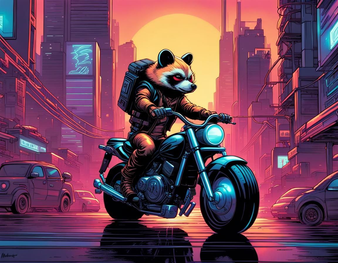 Tanuki Rides Motorcycle in Synthwave Cyberpunk City